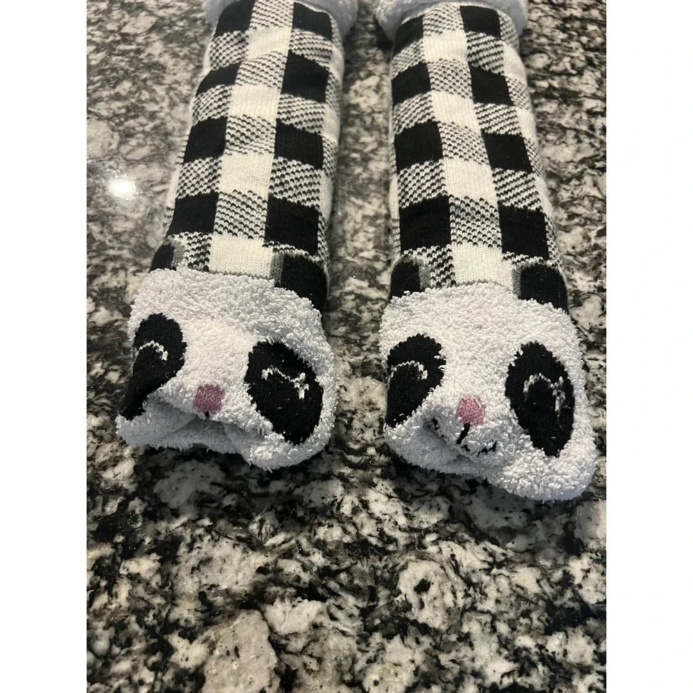 Panda Bear Buffalo Plaid Sherpa Lined Non-Slip Slipper Socks Black White